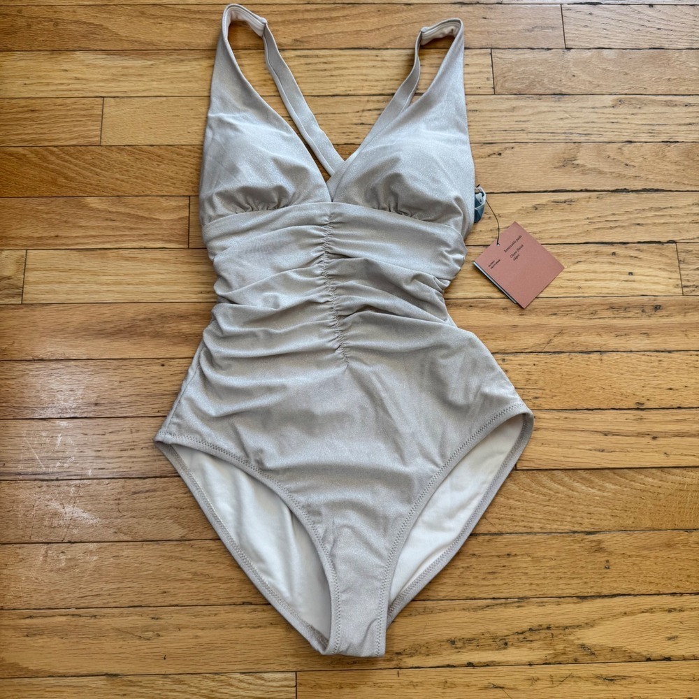 Shade & Shore Womens Cream Metallic Ruched One Piece Swimsuit XS 0-2 NWT